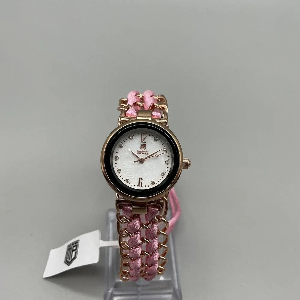 Montres Prestige Womens Watch 25mm MOP Dial Pink Woven Chain New Battery